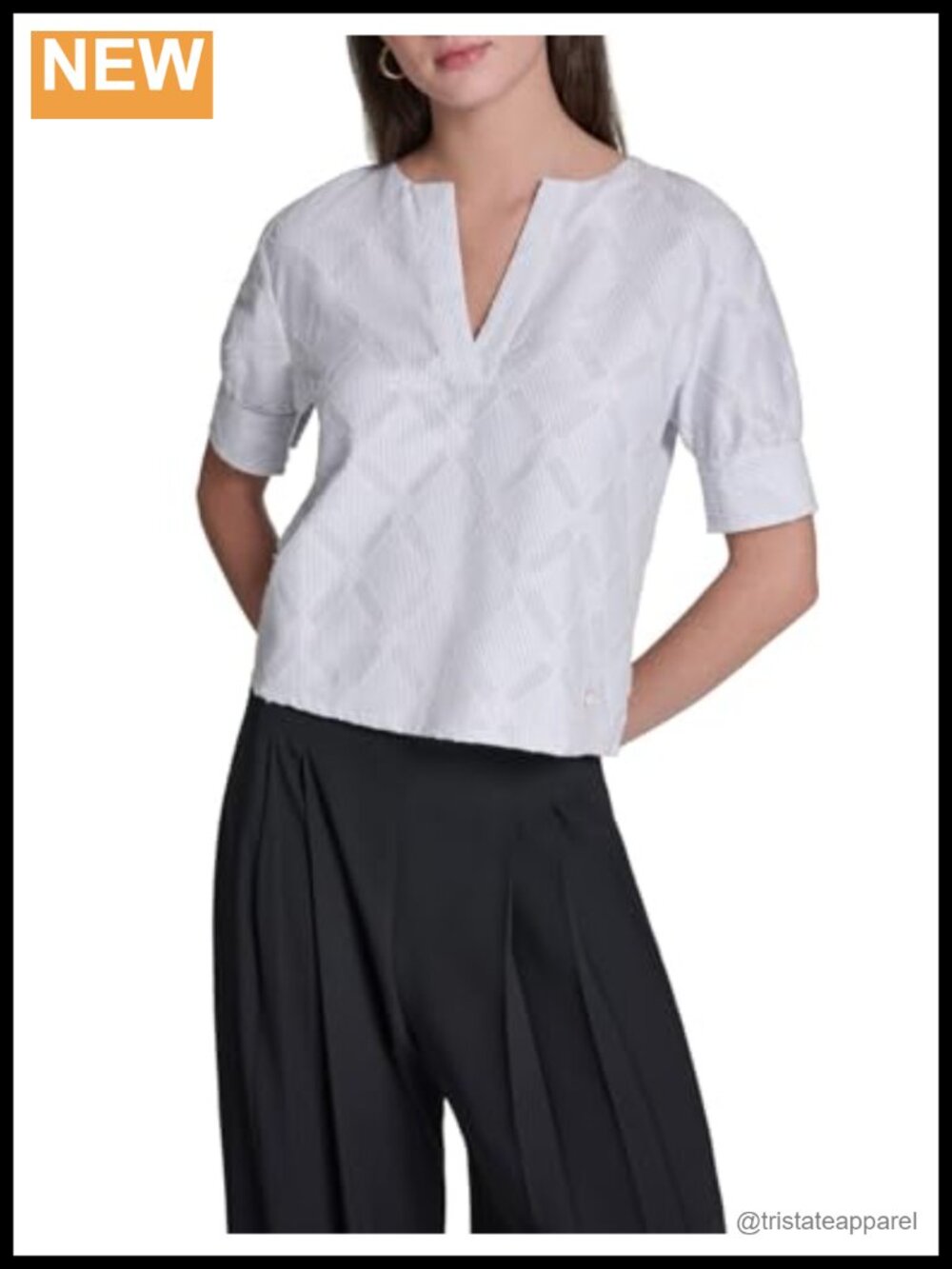 Women's V-Neck Puff Sleeve Textured Poplin Blouse Cotton-Poly